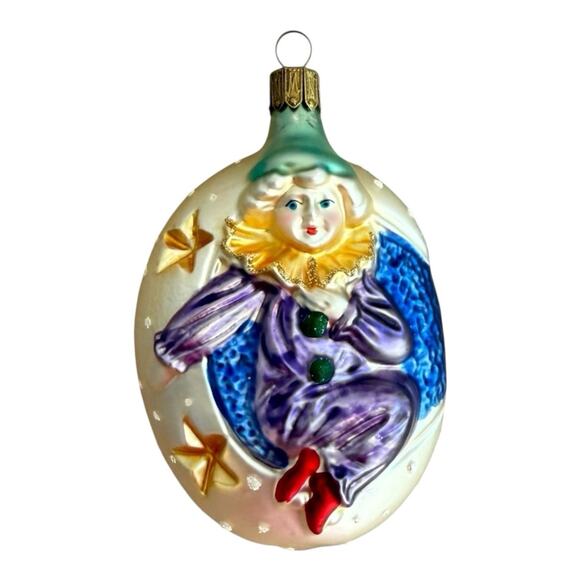Vtg Clown Stars Glass Christmas Ornament Purple Yellow White EUC - Picture 1 of 8